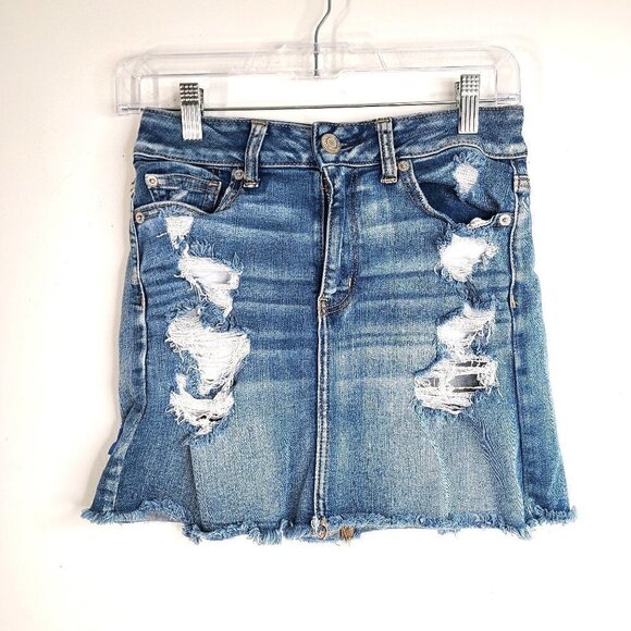 American Eagle Next Level Stretch Distressed Denim Skirt Y2K - Picture 1 of 8